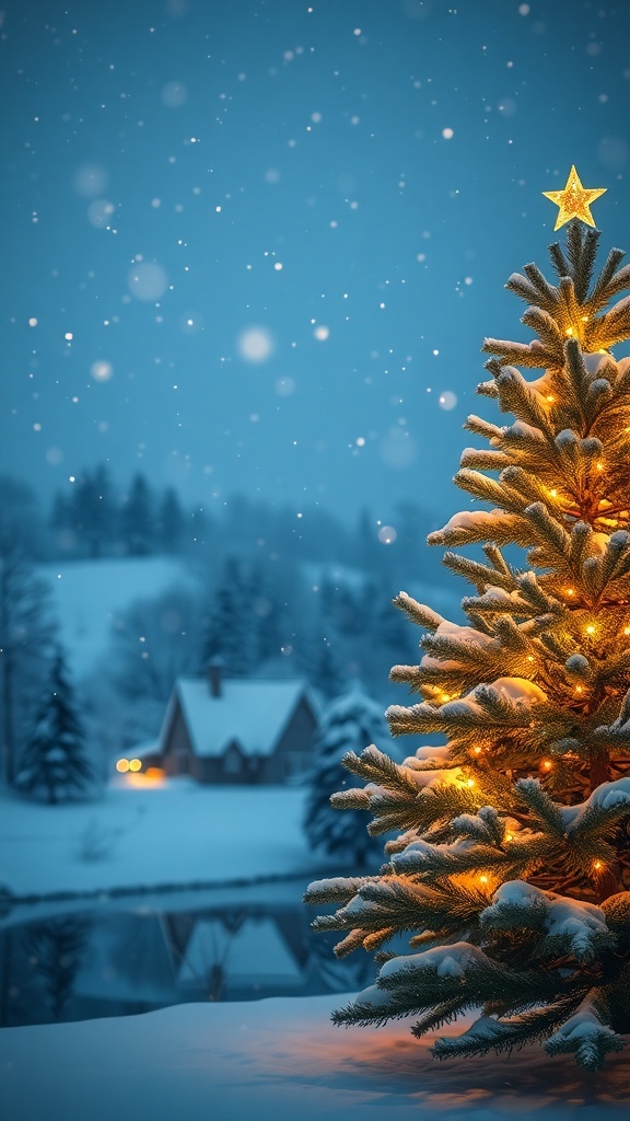 Inspirational Christmas Quotes for Peace A peaceful winter landscape with a decorated Christmas tree and soft snowflakes.
